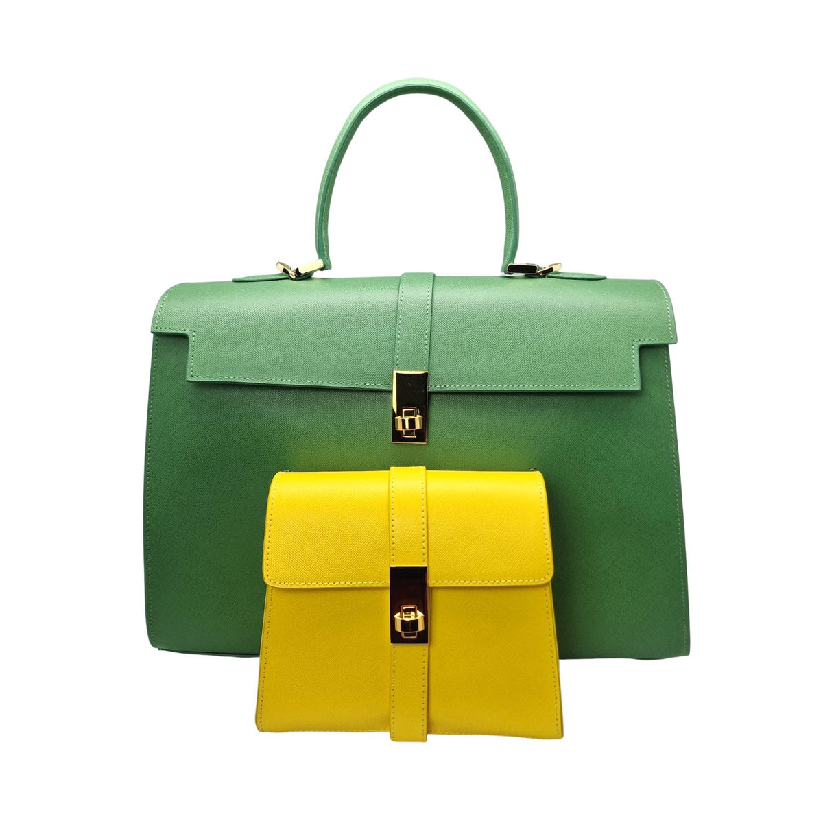 Ethereal Double Dose Saffiano Leather Handbag - Green & Yellow