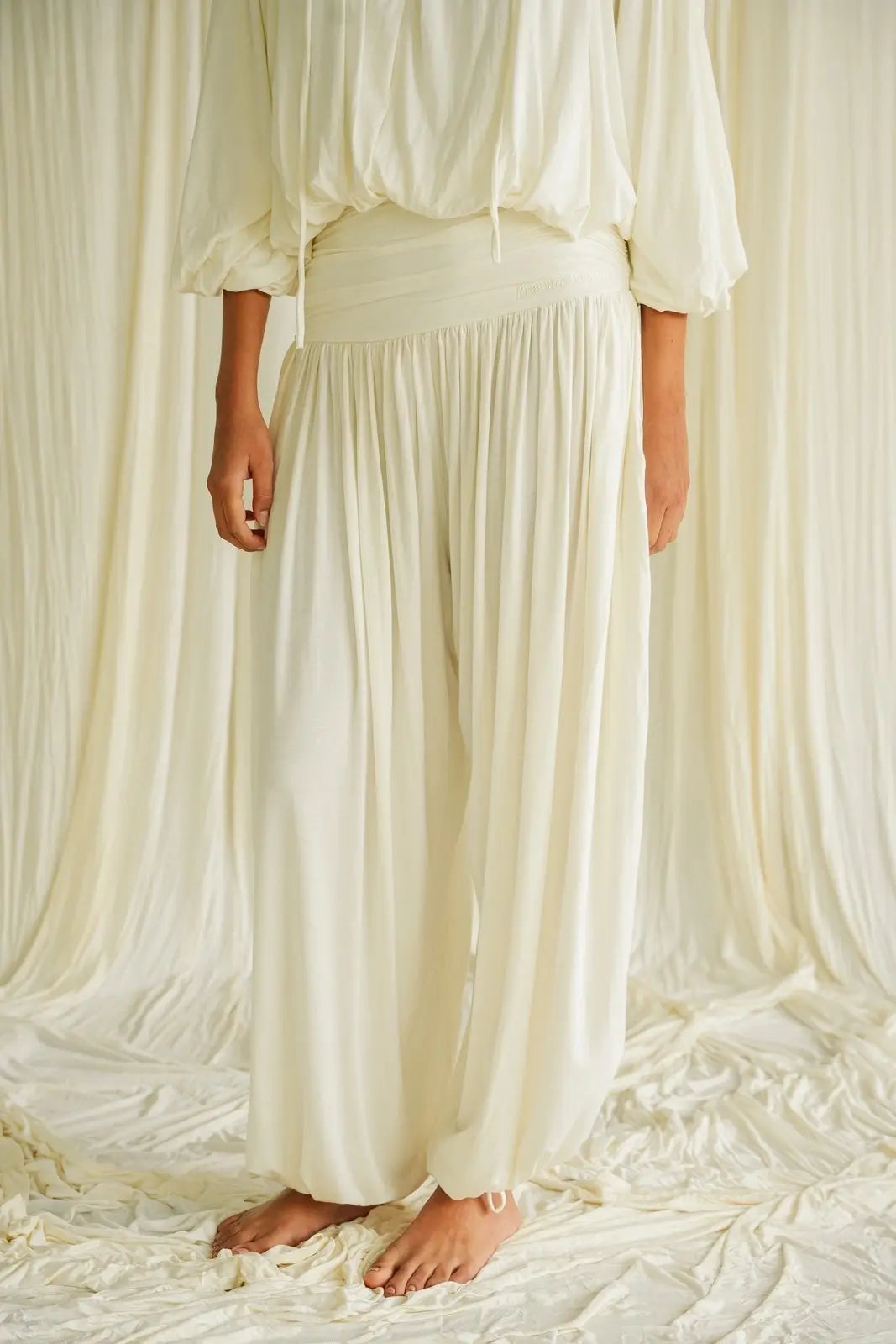 **Return Pant Ivory – Draped Wide-Leg Palazzo**