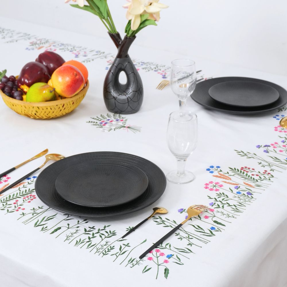 Premium Hand Floral Embroidered Cotton Tablecloth Size 76 x 56 Inches for Table Decor