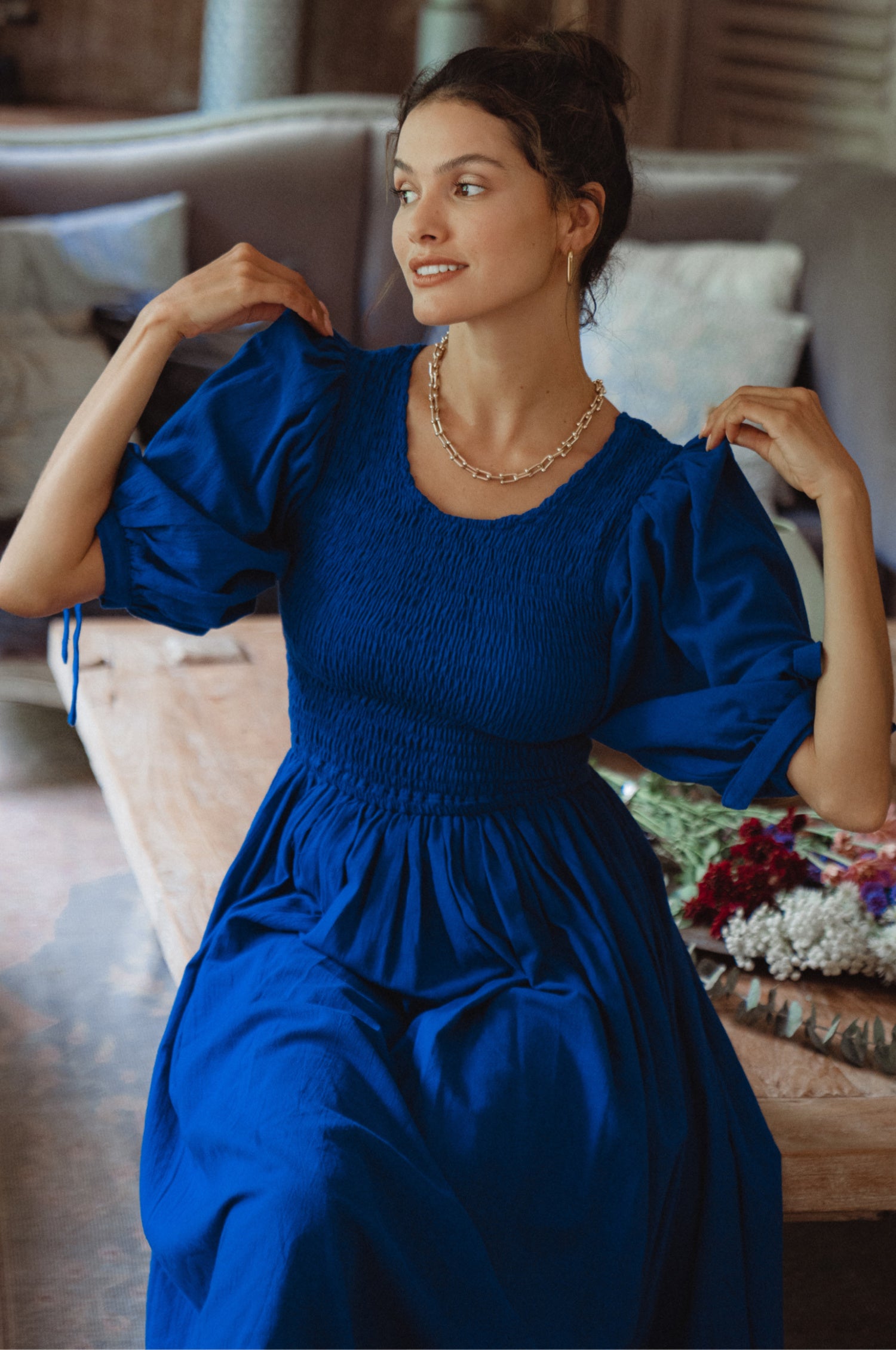Freya Smocked Linen Midi Dress - Sapphire