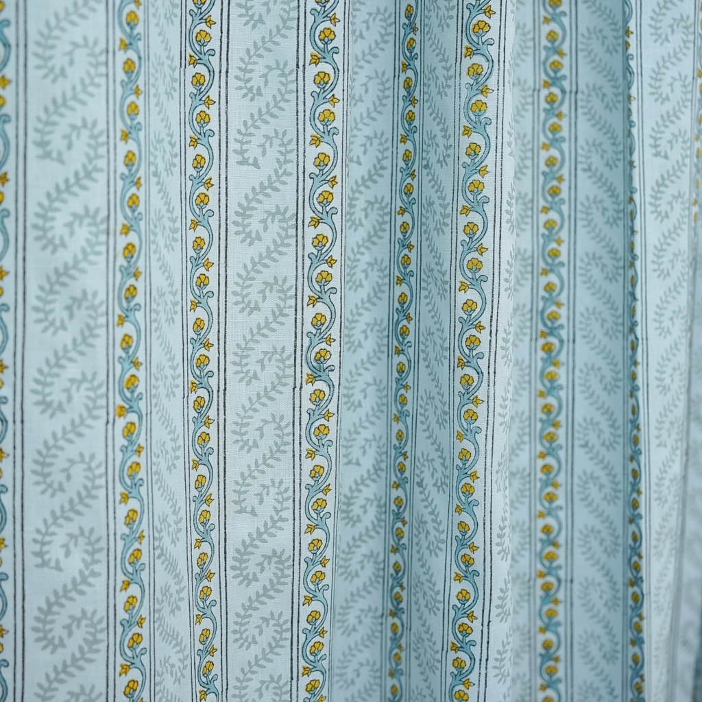 Natural Blue Floral Block Printed Viscose Colored Linen Ring Curtain Panel - Nargis