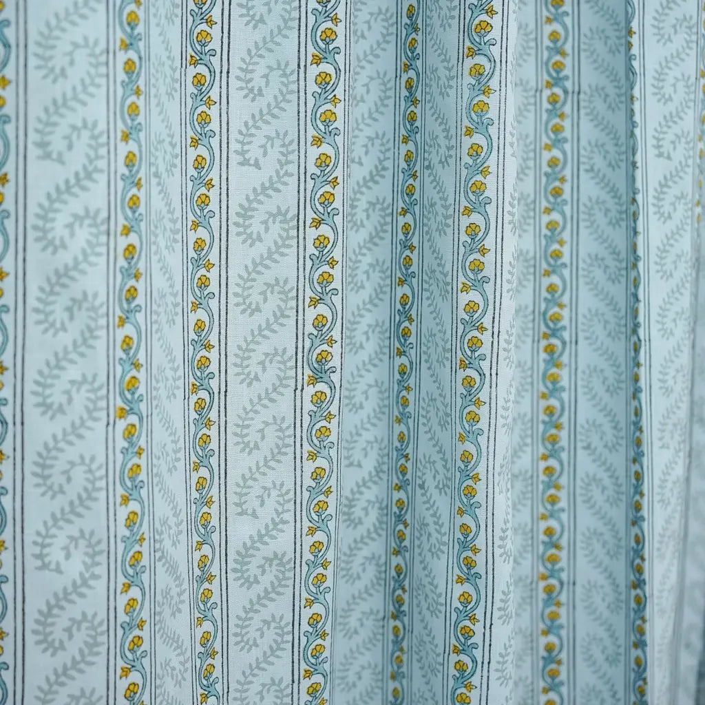 Natural Blue Floral Block Printed Viscose Colored Linen Ring Curtain Panel - Nargis
