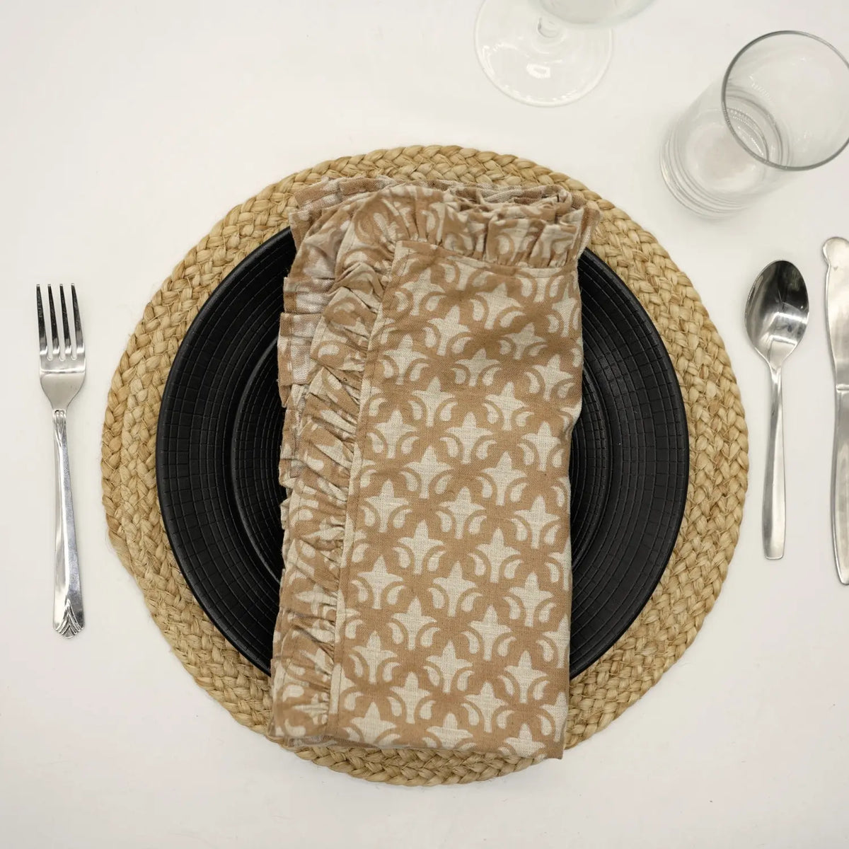Block Print Pure Linen Table Napkins Set of 4 with Frill - Trishul