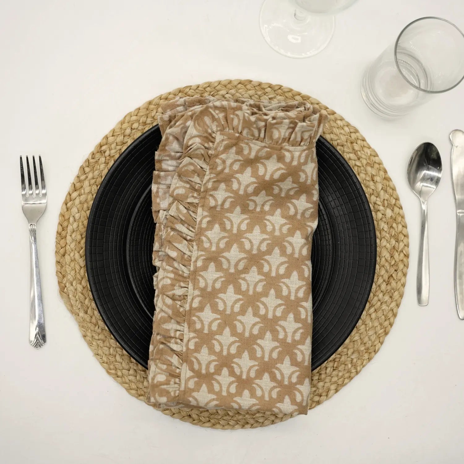 Block Print Pure Linen Table Napkins Set of 4 with Frill - Trishul