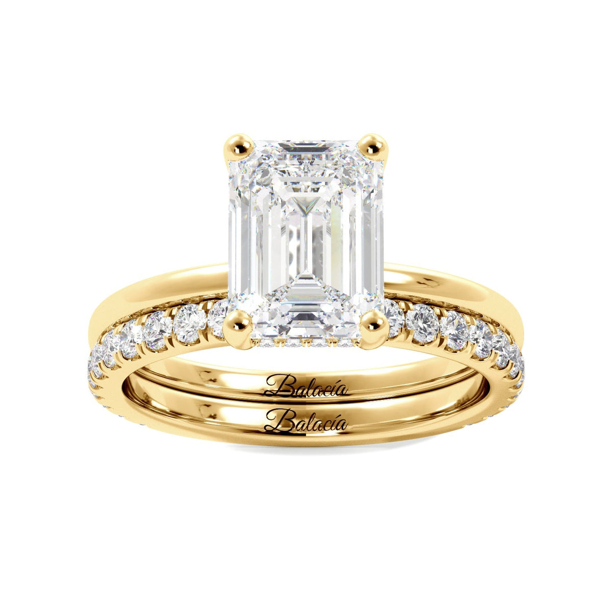 Emerald Cut Solitaire with Hidden Halo Engagement Ring Set