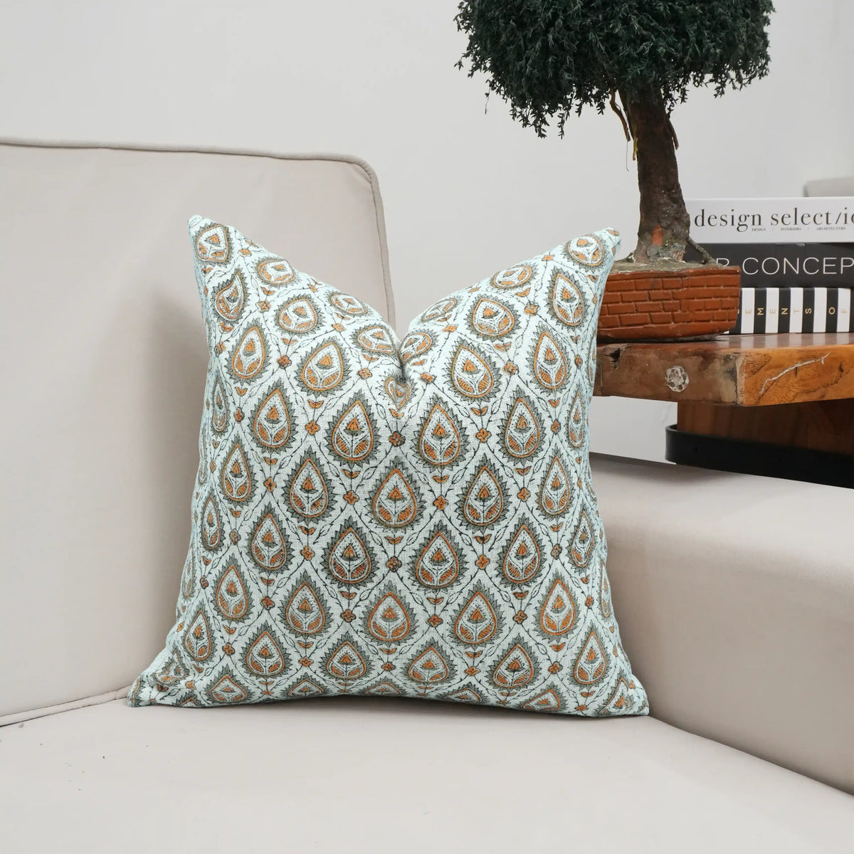 Handmade Floral Block Print Viscose Linen Throw Pillow Cover - Paan Patti
