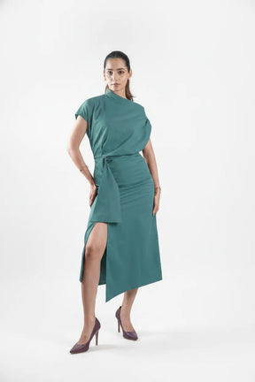 Sea-green One-shoulder Draped Midi Dress