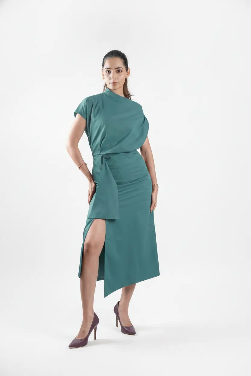 Sea-green One-shoulder Draped Midi Dress