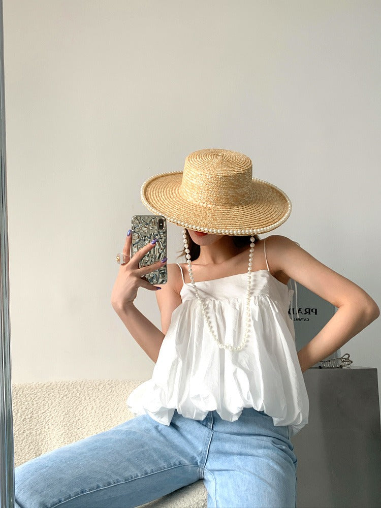 Flat top straw straw hat beach vacation sunshade pearl chain design straw hat for women