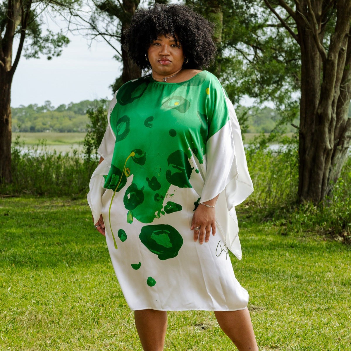 White Green Floral Expression Dolman Sleeve Dress