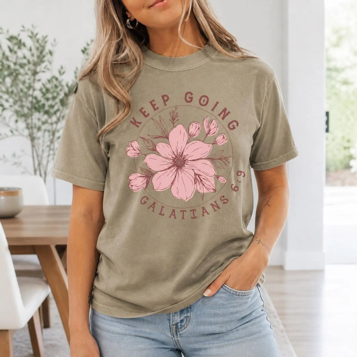 Keep Going Galatians 6:9 Christian Floral T-Shirt | Vintage Scripture Khaki Sage Oversized Tee