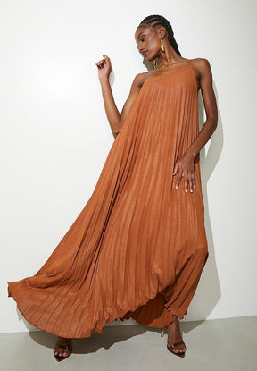 Asymmetric pleated kaftan dress - caramel