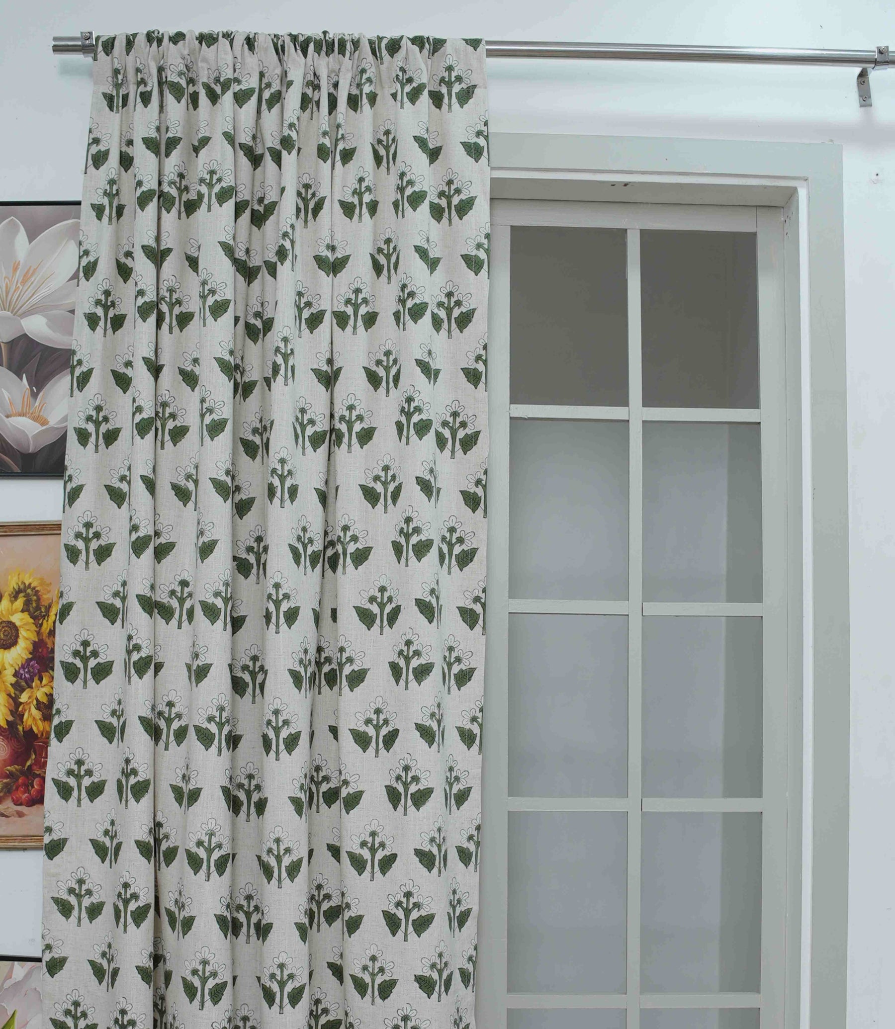 Handmade Block Print Linen Curtains Green White Floral Design | Chahat