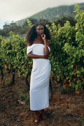Thandi — White Linen Off-the-Shoulder Column Dress