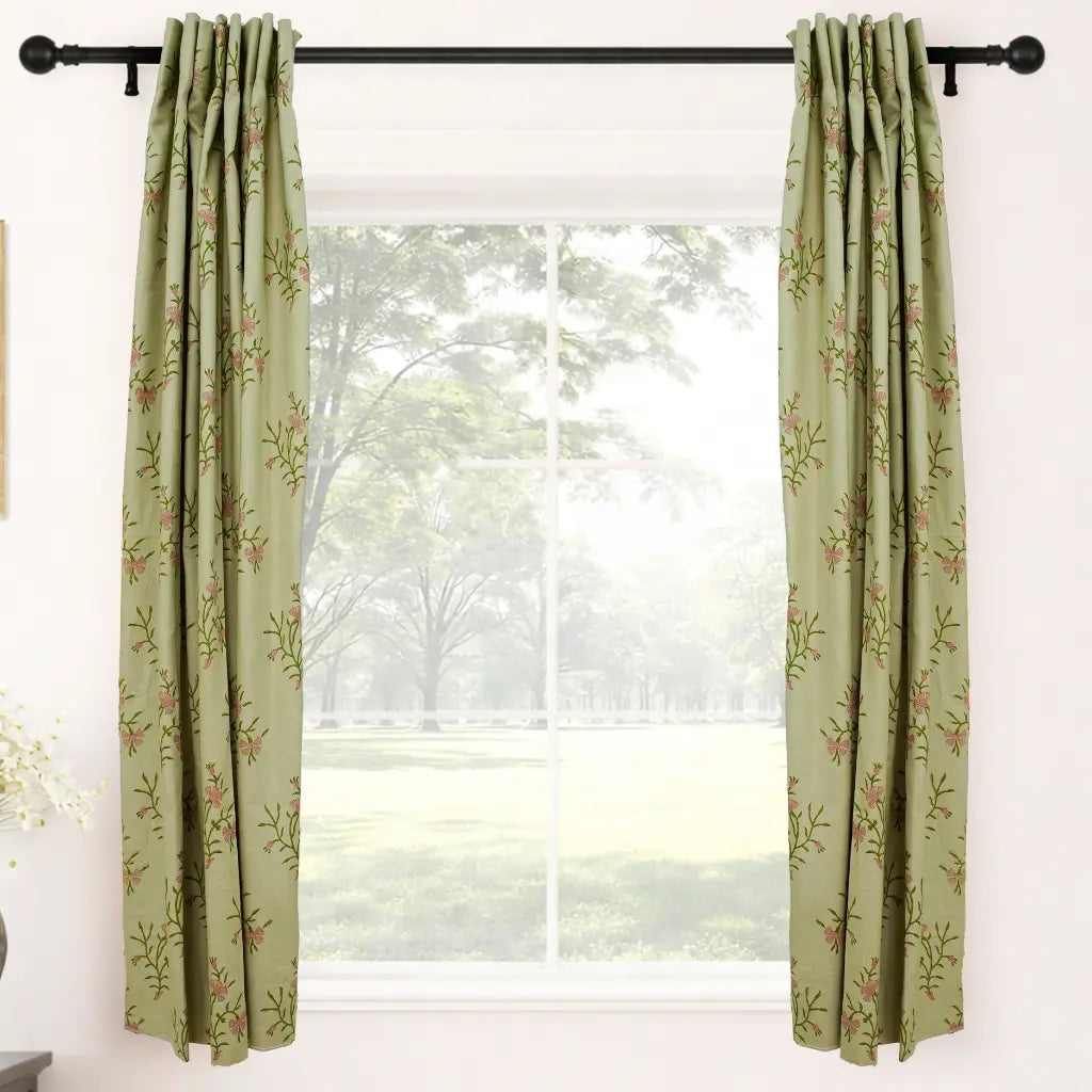 Handcrafted Floral Block Print Viscose Linen Green Curtains Panel - Daisy