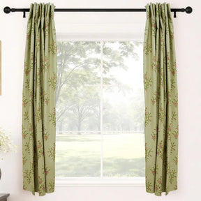 Handcrafted Floral Block Print Viscose Linen Green Curtains Panel - Daisy
