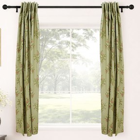 Handcrafted Floral Block Print Viscose Linen Green Curtains Panel - Daisy