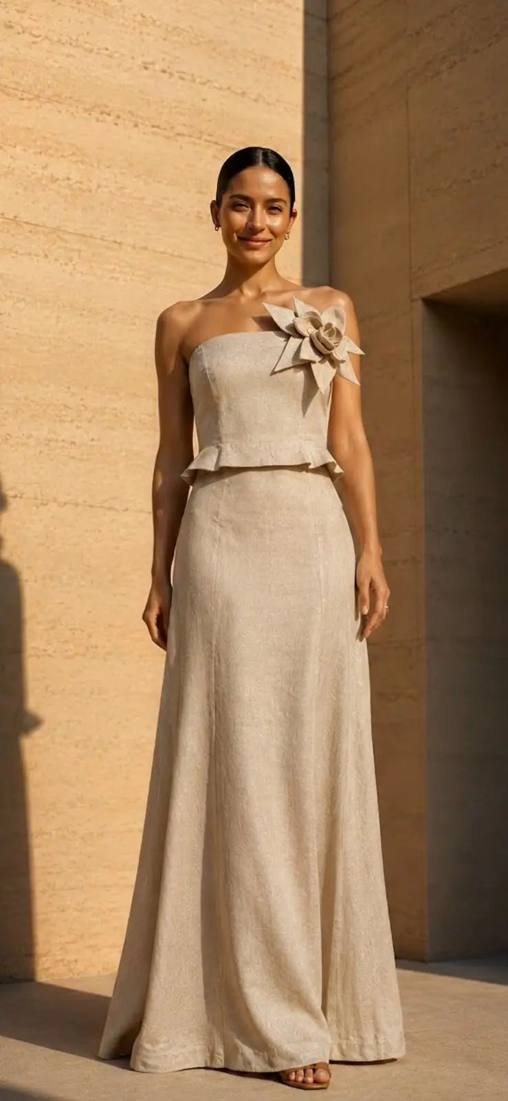 HERENCIA by PASALUMAC Women's Linen Two-Piece Set, 3D Floral Appliqué, Strapless Peplum Top & Maxi Skirt