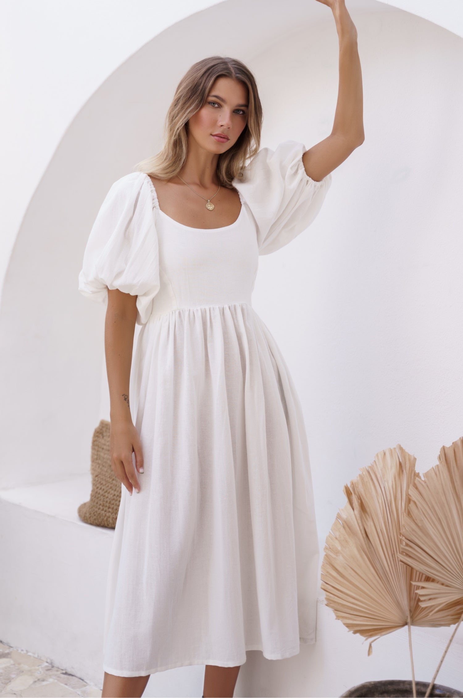 Cherie Puff Sleeve Midi Dress - Off White