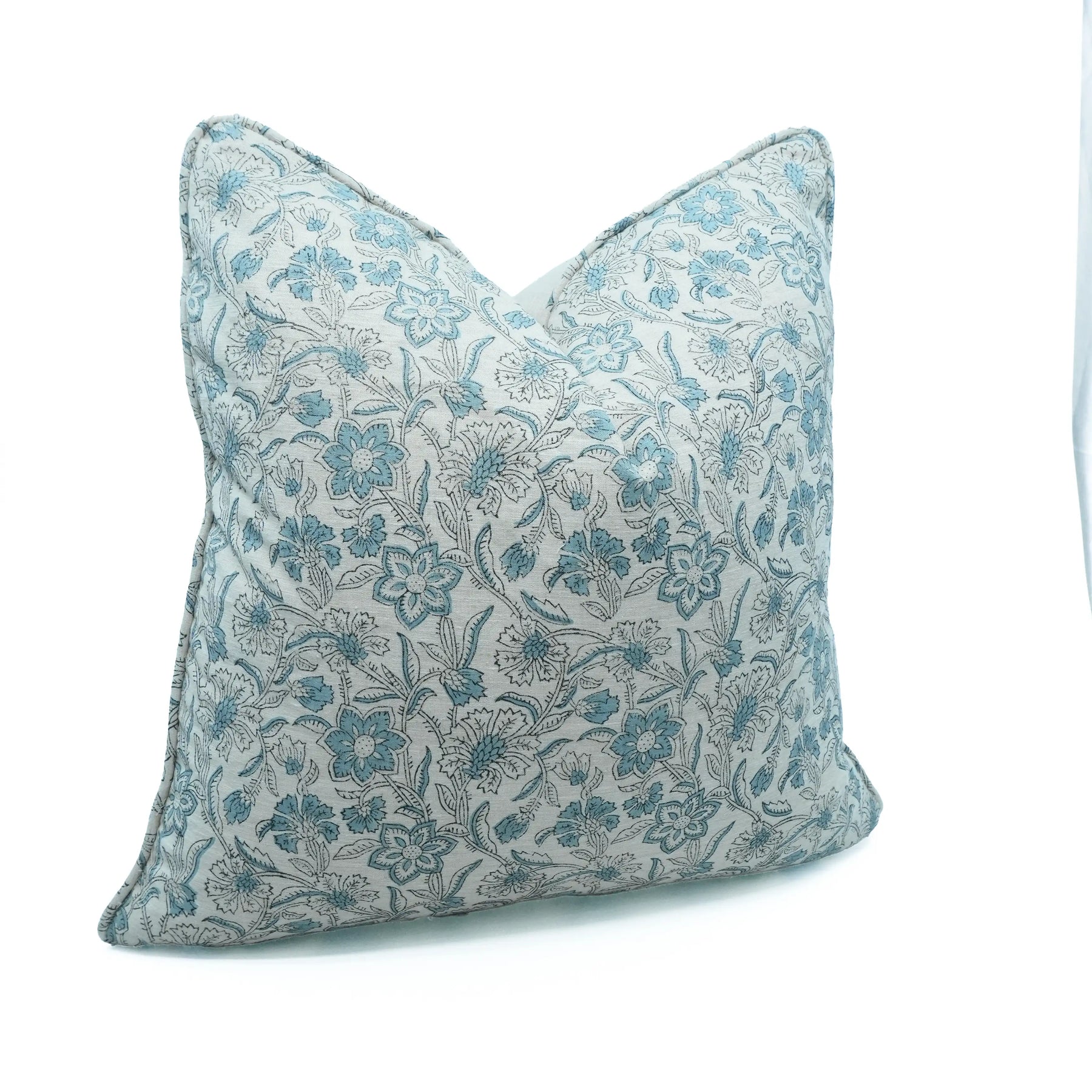 Artisan Blue Floral Linen Blend Piped Throw Pillow Cover – Jarul