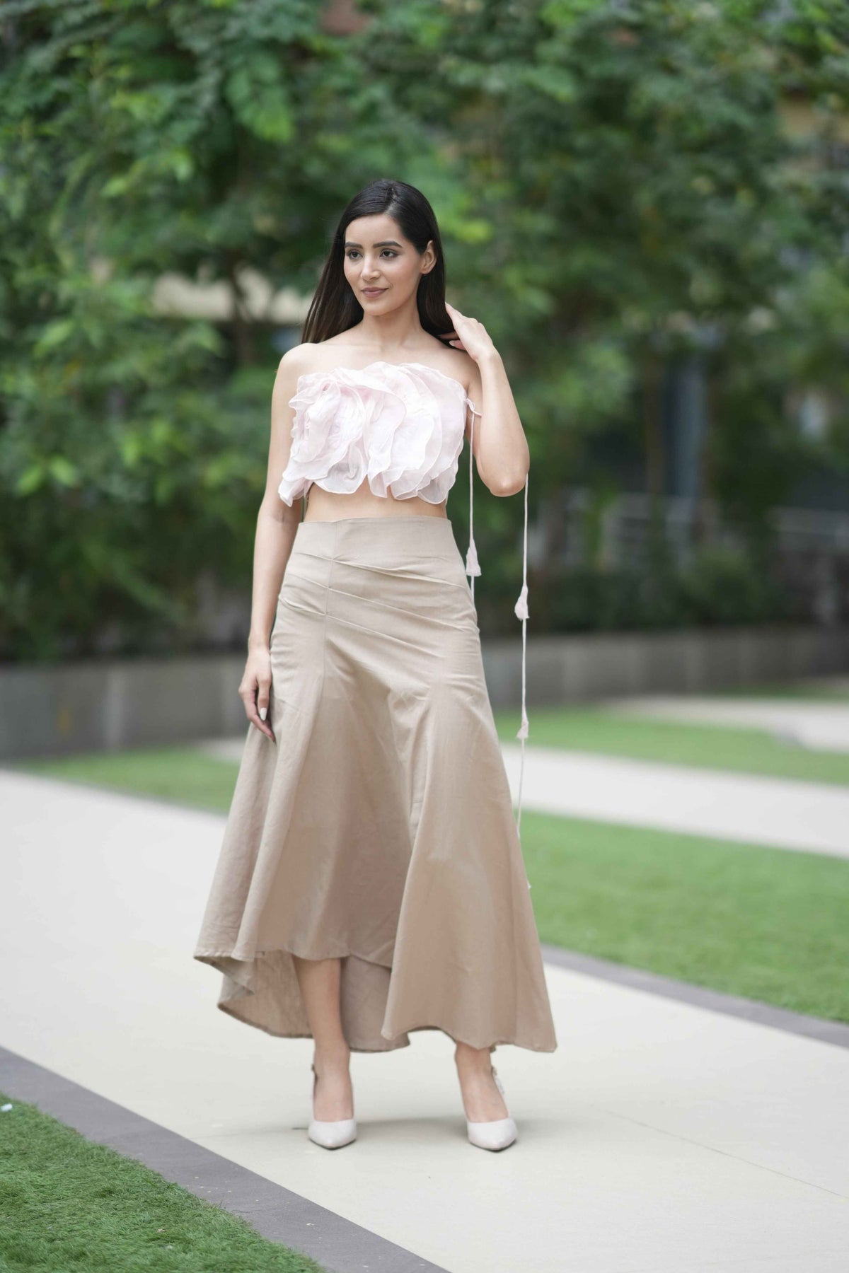 Soft Pink Ruffled Top With Long Khadi Skirt