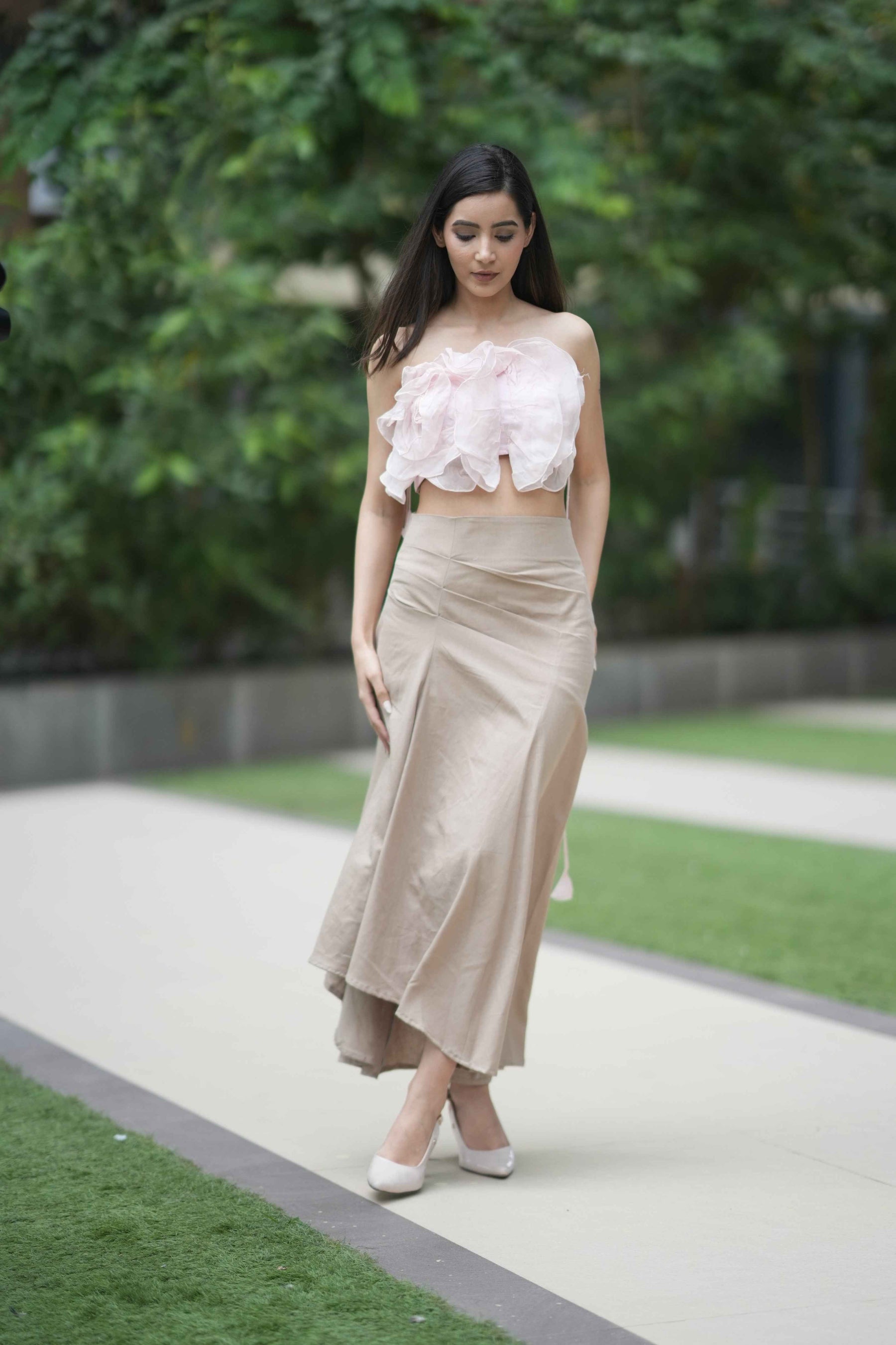 Soft Pink Ruffled Top With Long Khadi Skirt