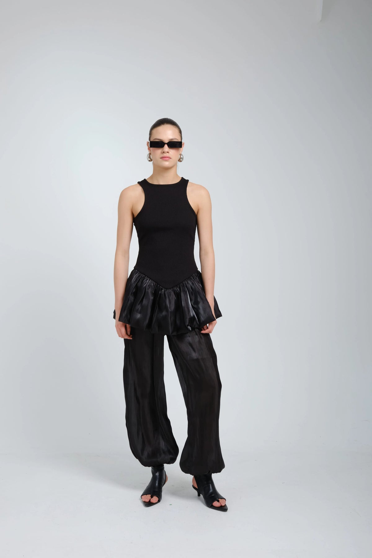 Suna Black Satin Peplum Top