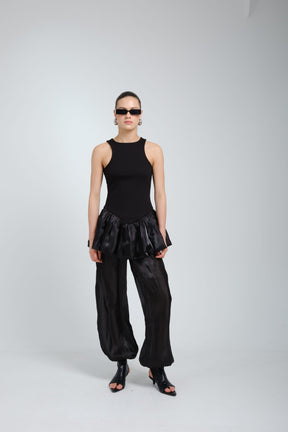 Suna Black Satin Peplum Top