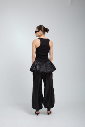 Suna Black Satin Peplum Top