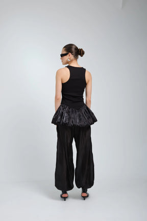 Suna Black Satin Peplum Top