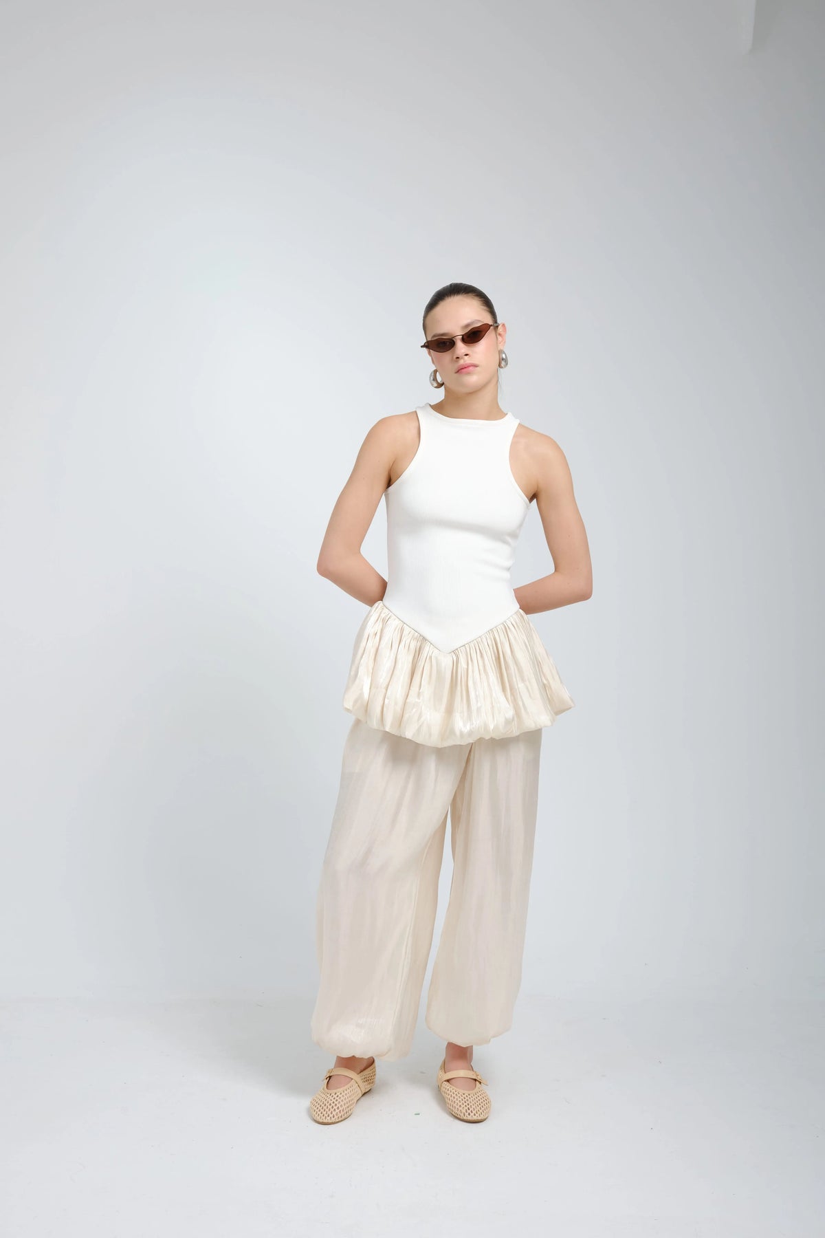 Suna White Satin Peplum Top
