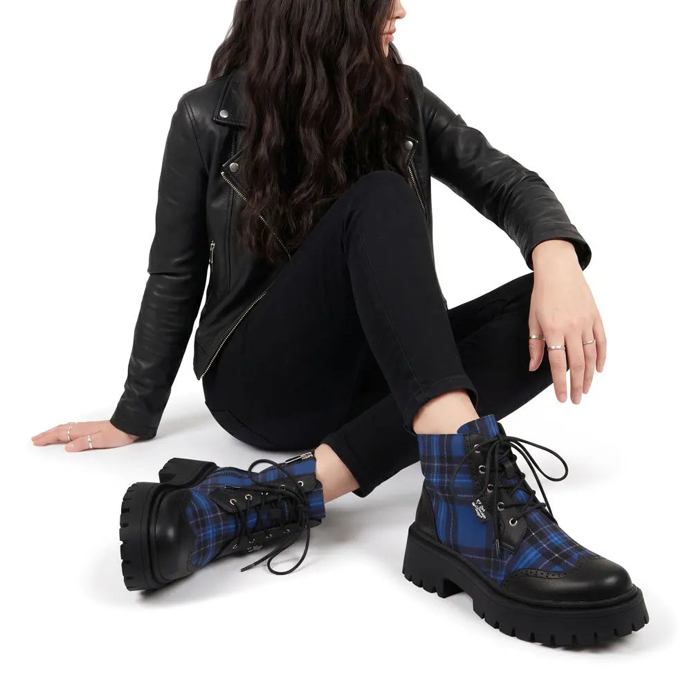 Blue-Tartan Women's Chunky Platform Boots