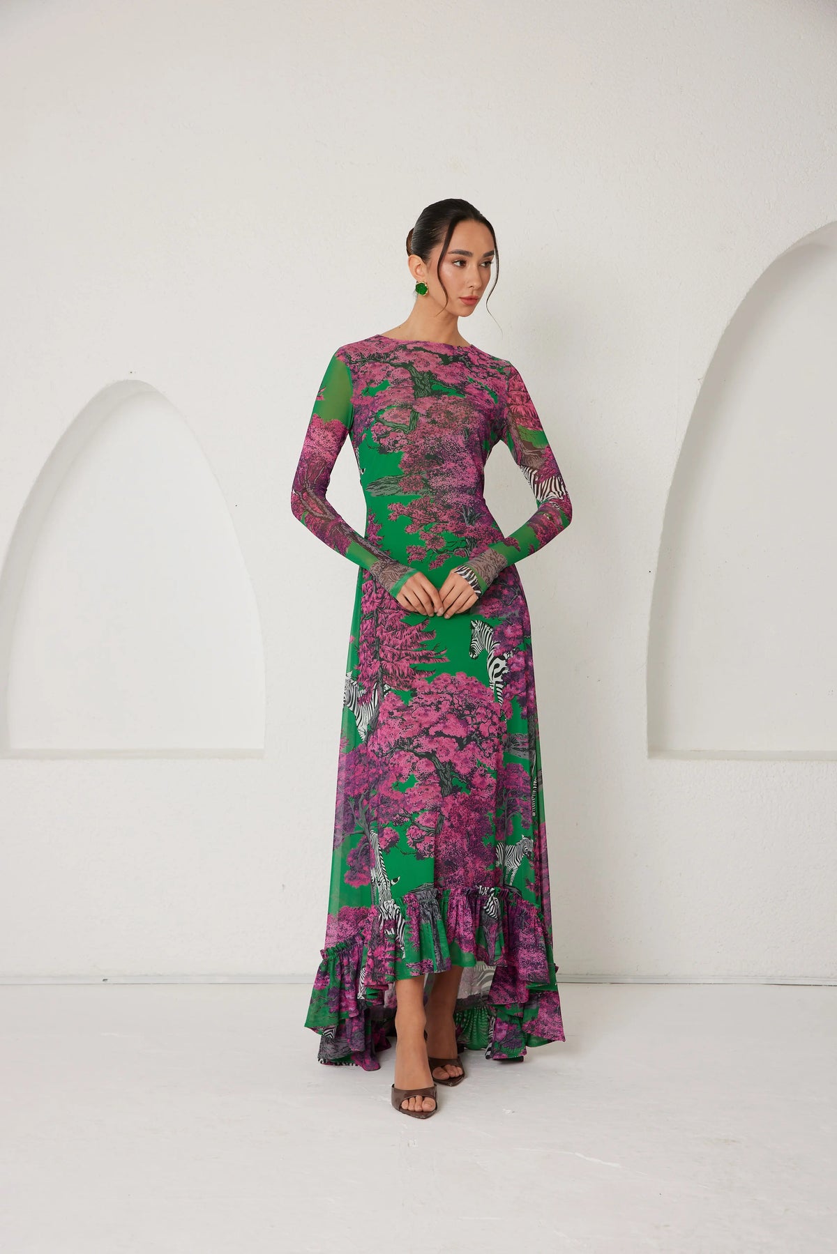 High-Low Dress – Dreamscape Safari- Green/Pink