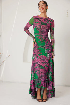 High-Low Dress – Dreamscape Safari- Green/Pink