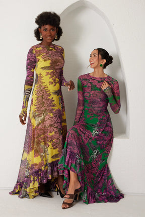 High-Low Dress – Dreamscape Safari- Green/Pink
