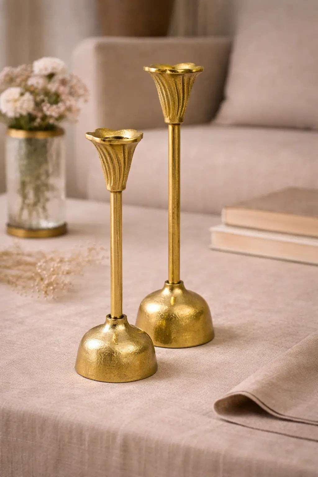 Bloom Fluted Taper Candle Holder — Antique Brass Finish