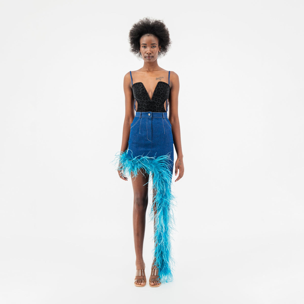 Blue Denim Asymmetrical Blue Feather Trim Skirt