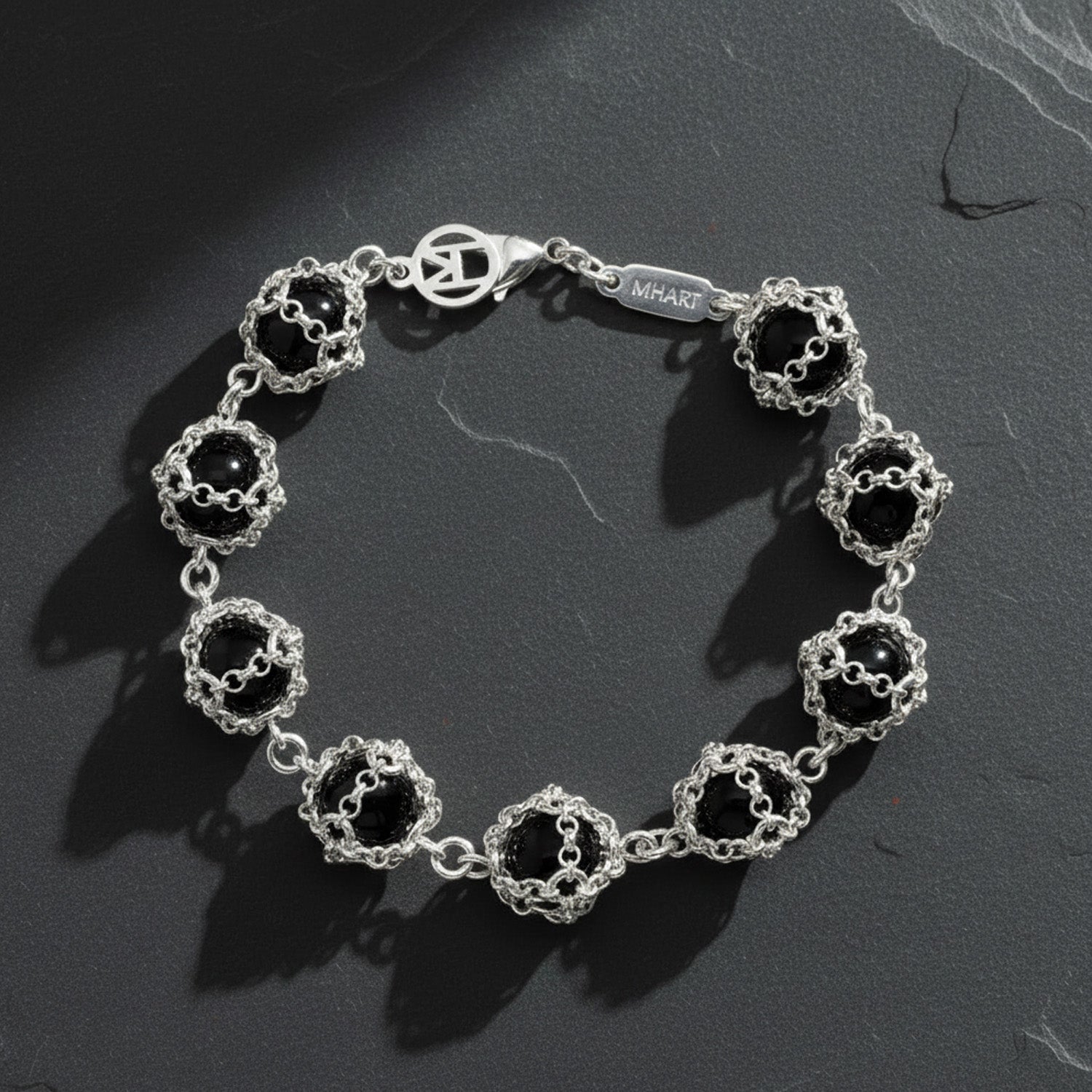 Caged Black Onyx Gemstone Bracelet in Silver
