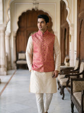 Akbar Banarasi Bandi: Men's Fuchsia Gold Floral Waist Coat