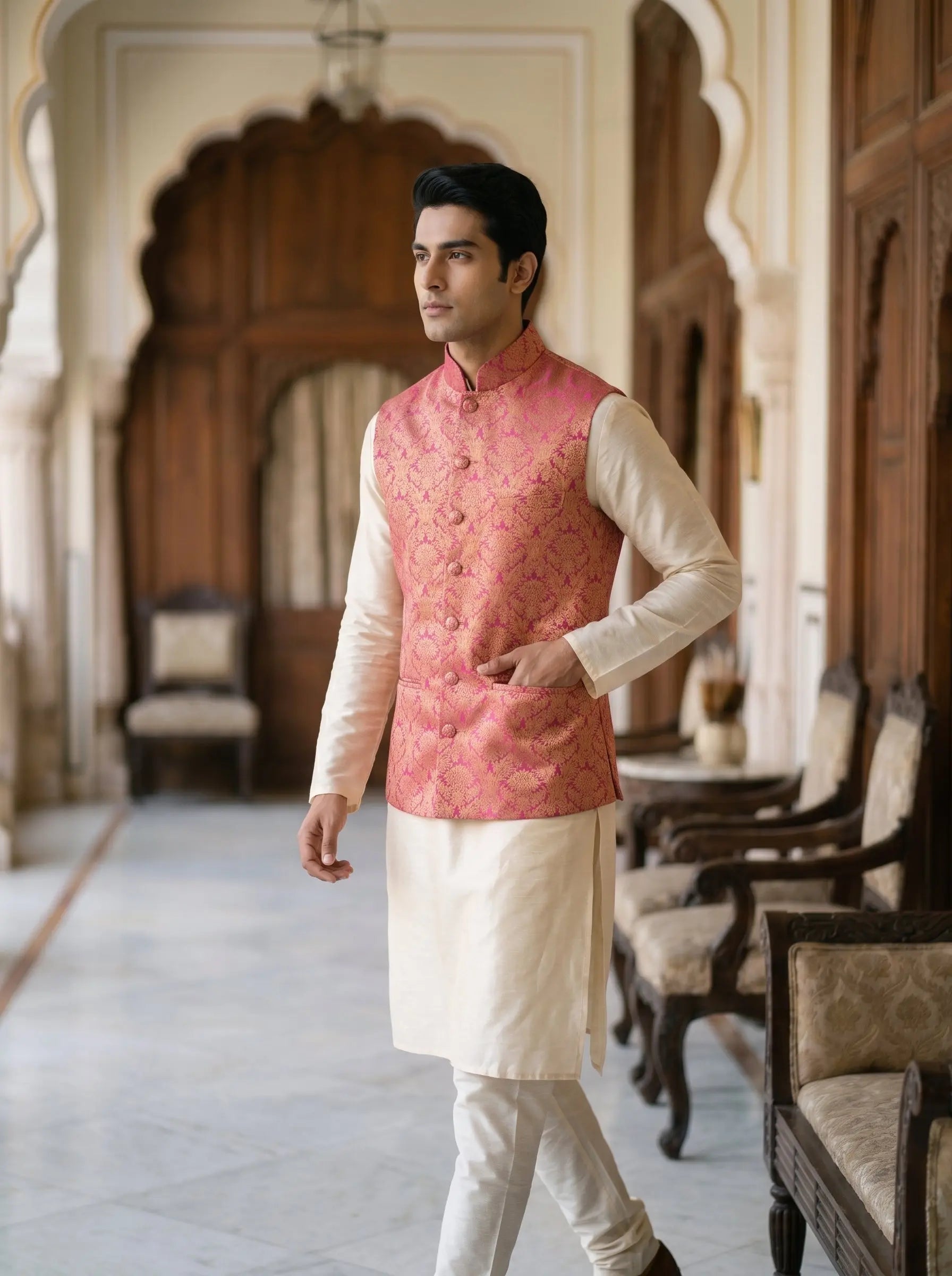 Akbar Banarasi Bandi: Men's Fuchsia Gold Floral Waist Coat