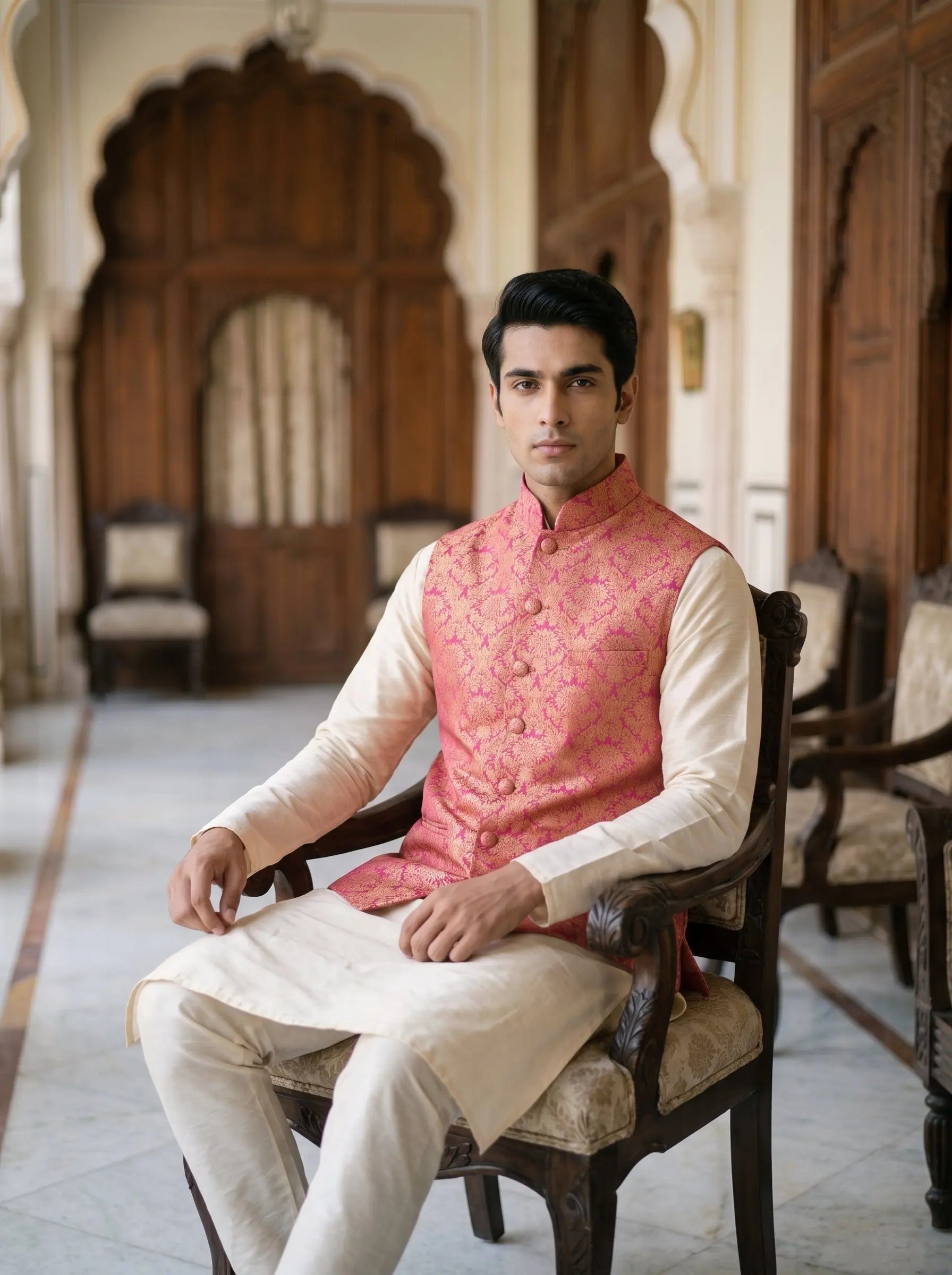 Akbar Banarasi Bandi: Men's Fuchsia Gold Floral Waist Coat