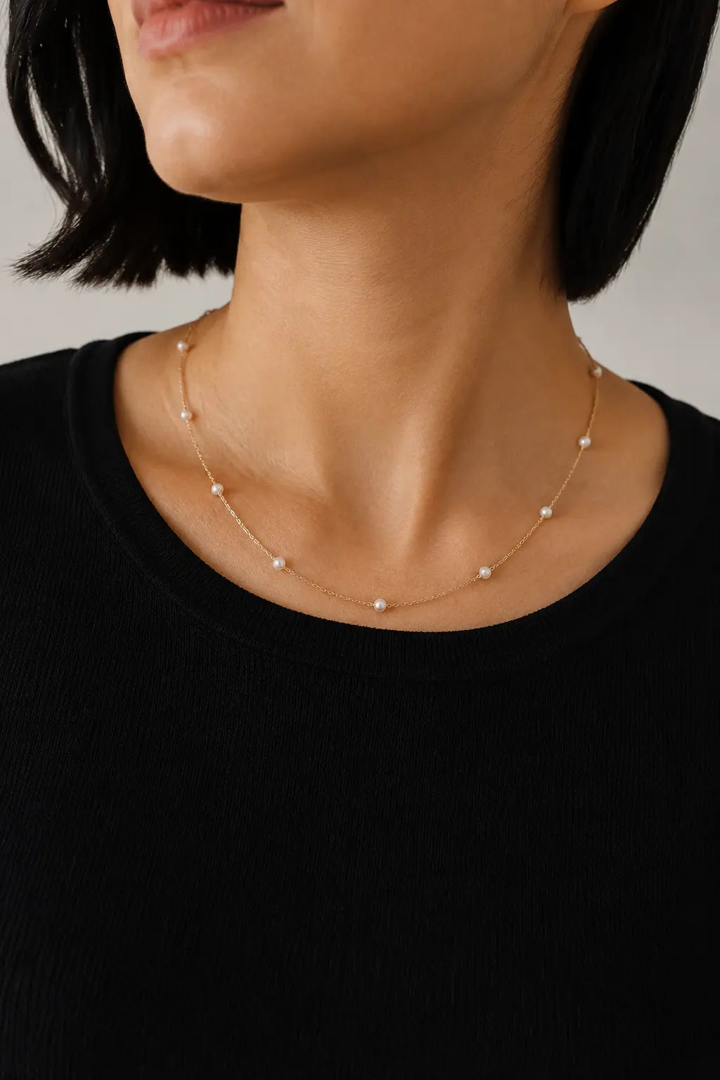 Freshwater Pearl Station Necklace in 14K Gold