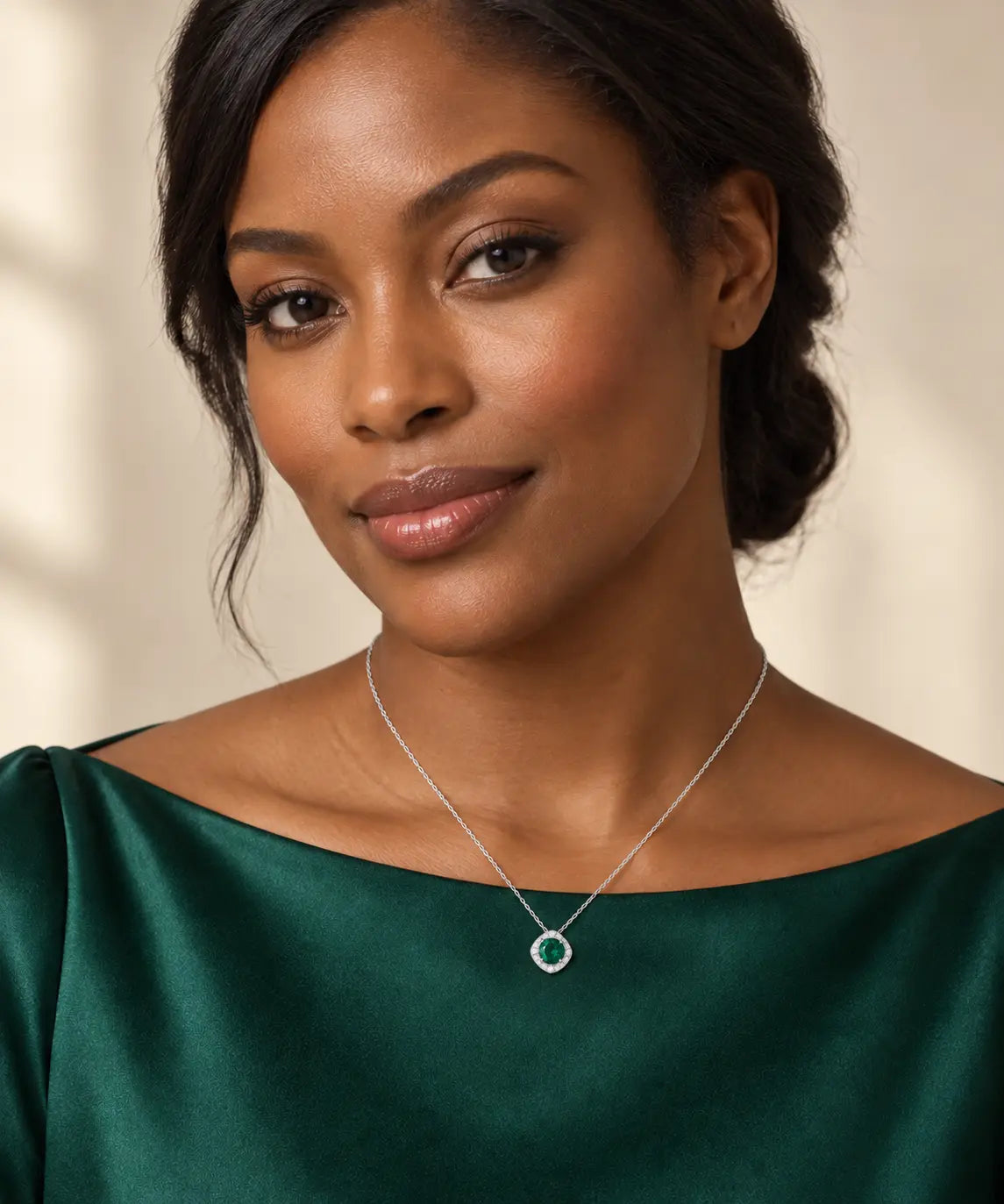 Lab-Grown Emerald & Natural Diamond Necklace in 14K Gold