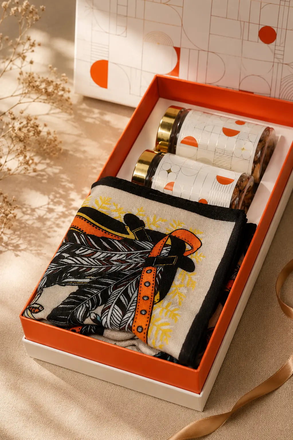 Gift Box with Modern Belt-Design Stole – All-Season Luxury Hamper