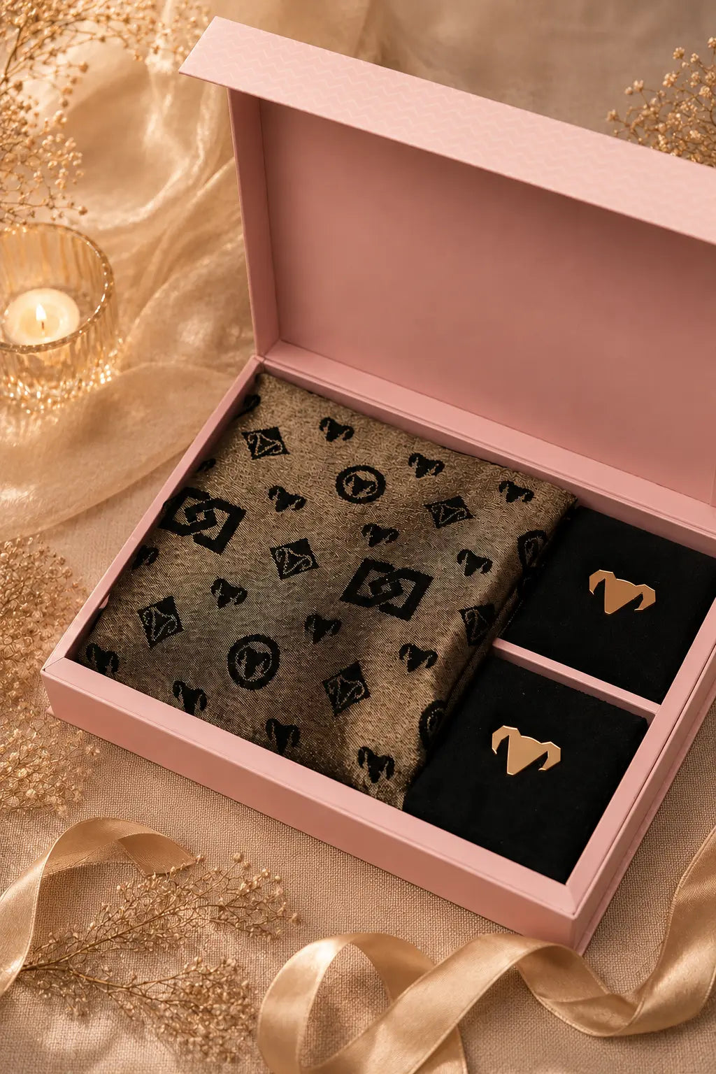 Black & Gold Pashmina Zari blend stole Gift Box with Jewellery – Luxury Wedding & Festive Hamper