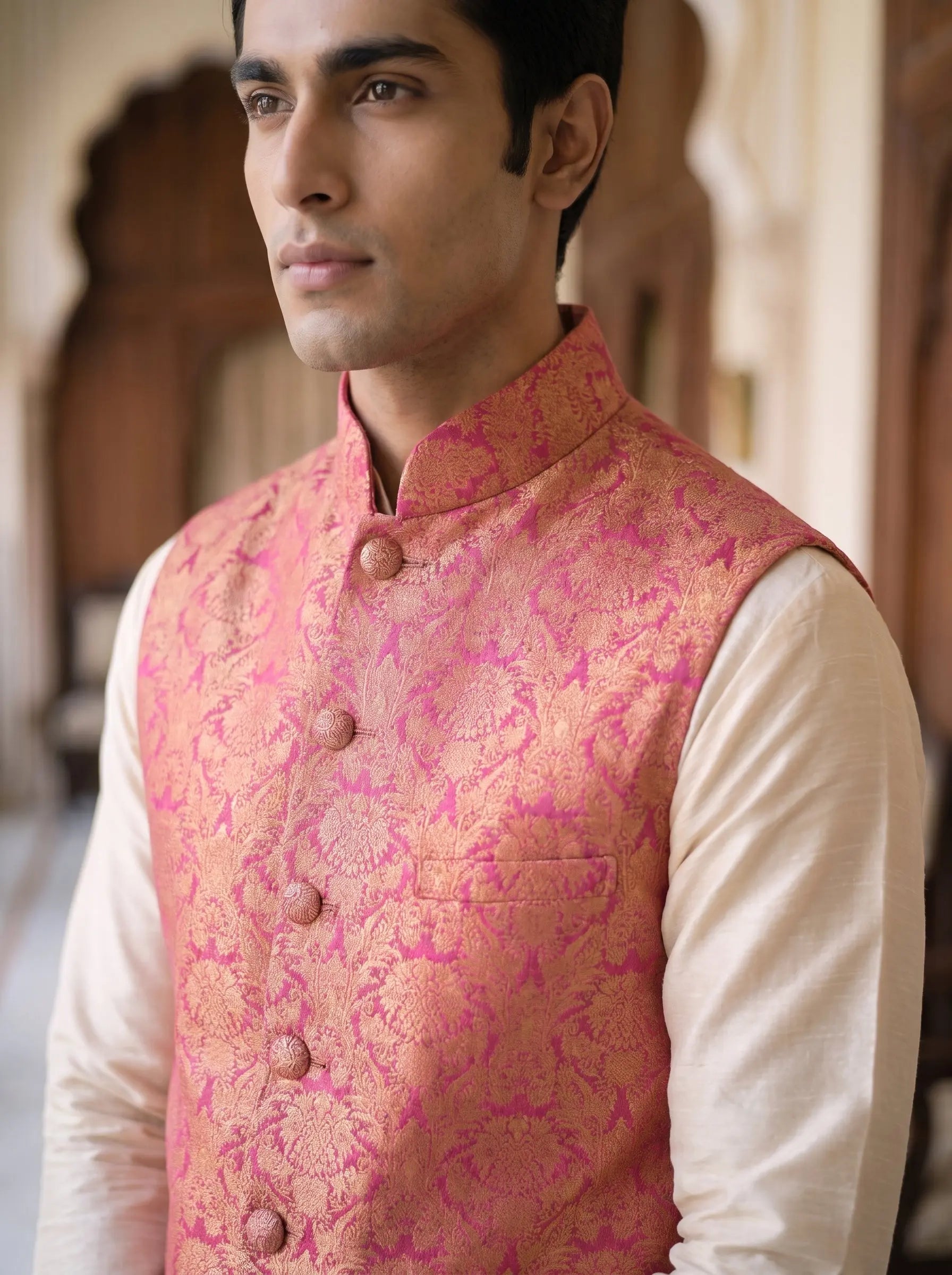 Akbar Banarasi Bandi: Men's Fuchsia Gold Floral Waist Coat