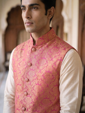 Akbar Banarasi Bandi: Men's Fuchsia Gold Floral Waist Coat