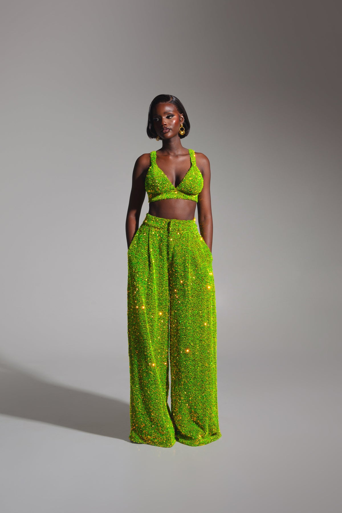 LIZA Sequin Bra Top in OLIVINE