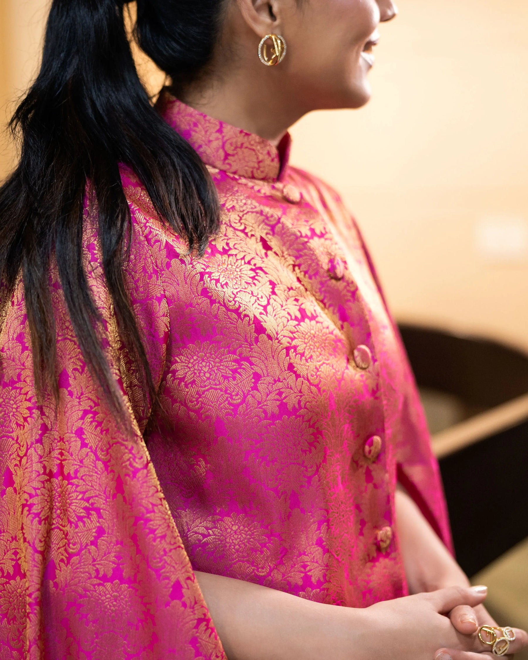 Jodha Banarasi Jacket: Women's Fuchsia Gold Floral Indowestern Wear
