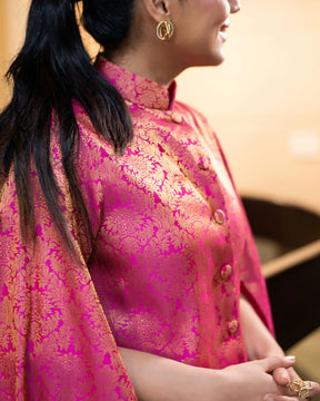 Jodha Banarasi Jacket: Women's Fuchsia Gold Floral Indowestern Wear